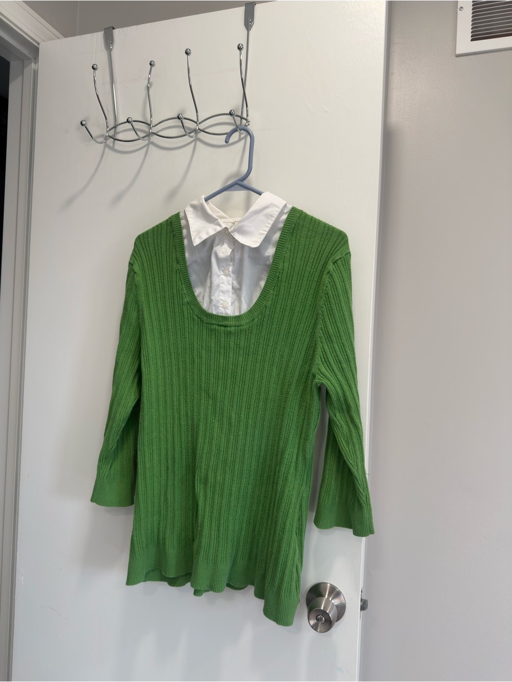 Kelly Green MiuMiu-coded Knit Scoop-Neck Collared Button-Up Sweater Blouse